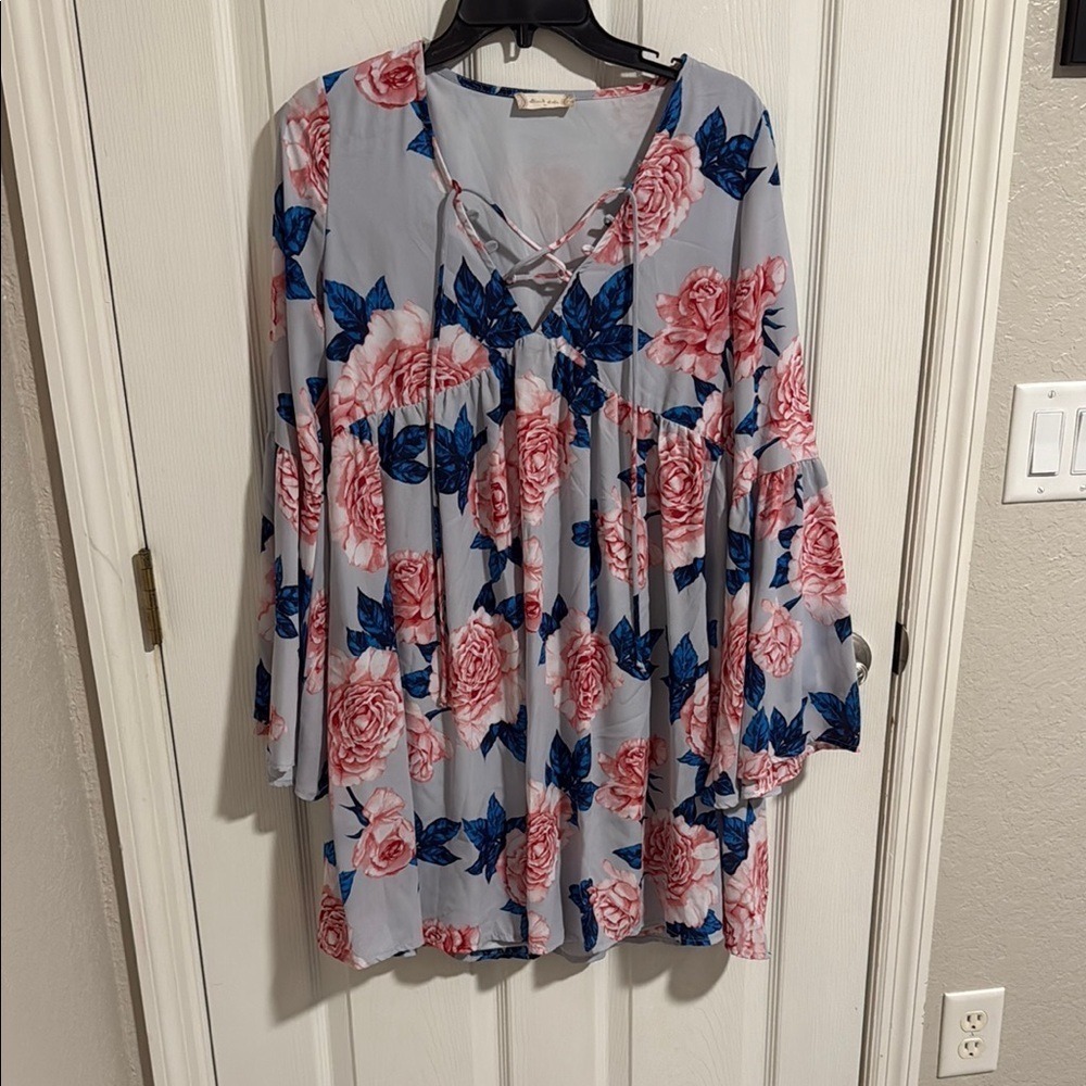 Altar'd State Blue and Pink Floral Long Sleeve Dress